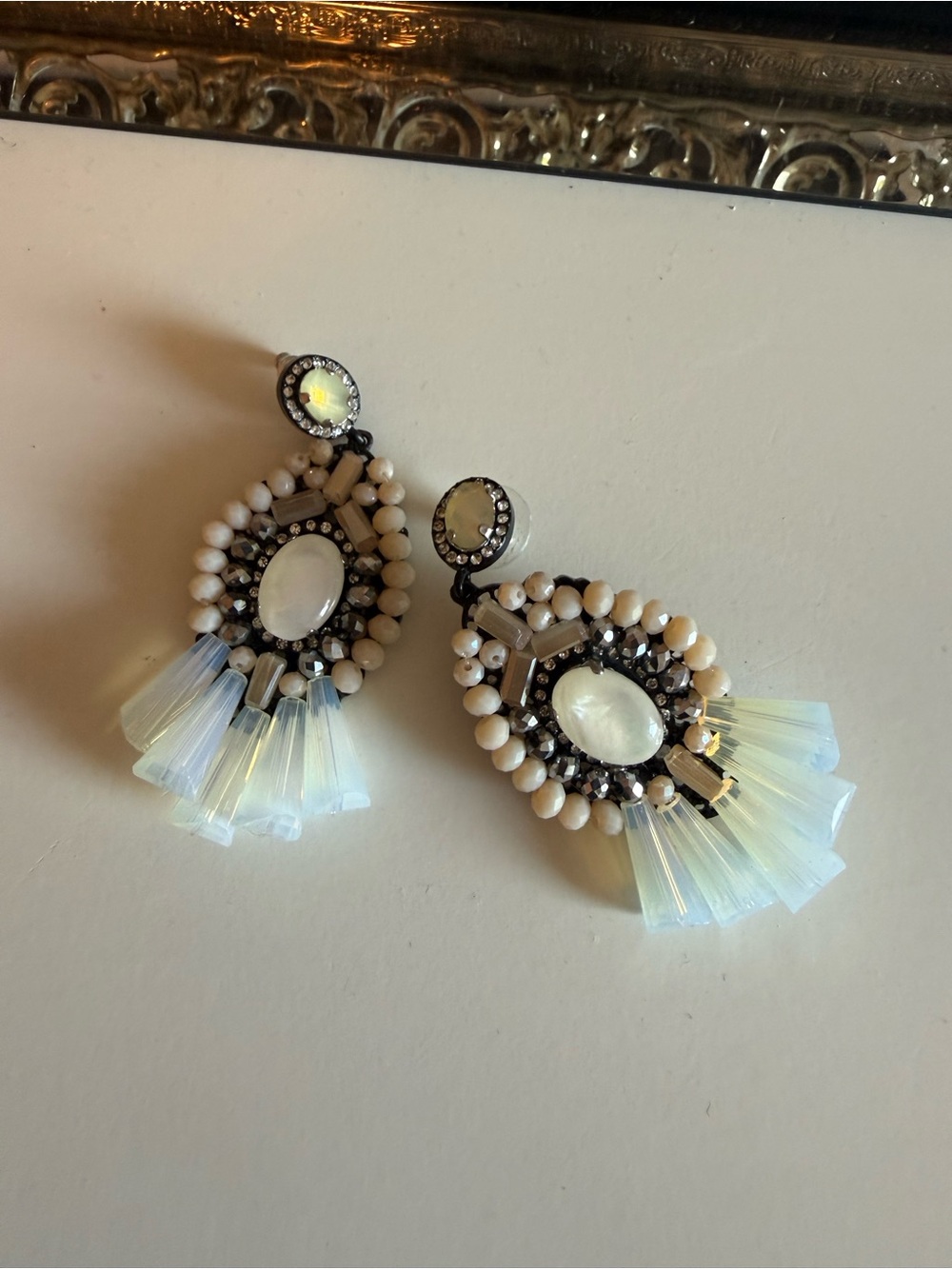 Opalescent White Beaded Drop Earrings - Designer Style